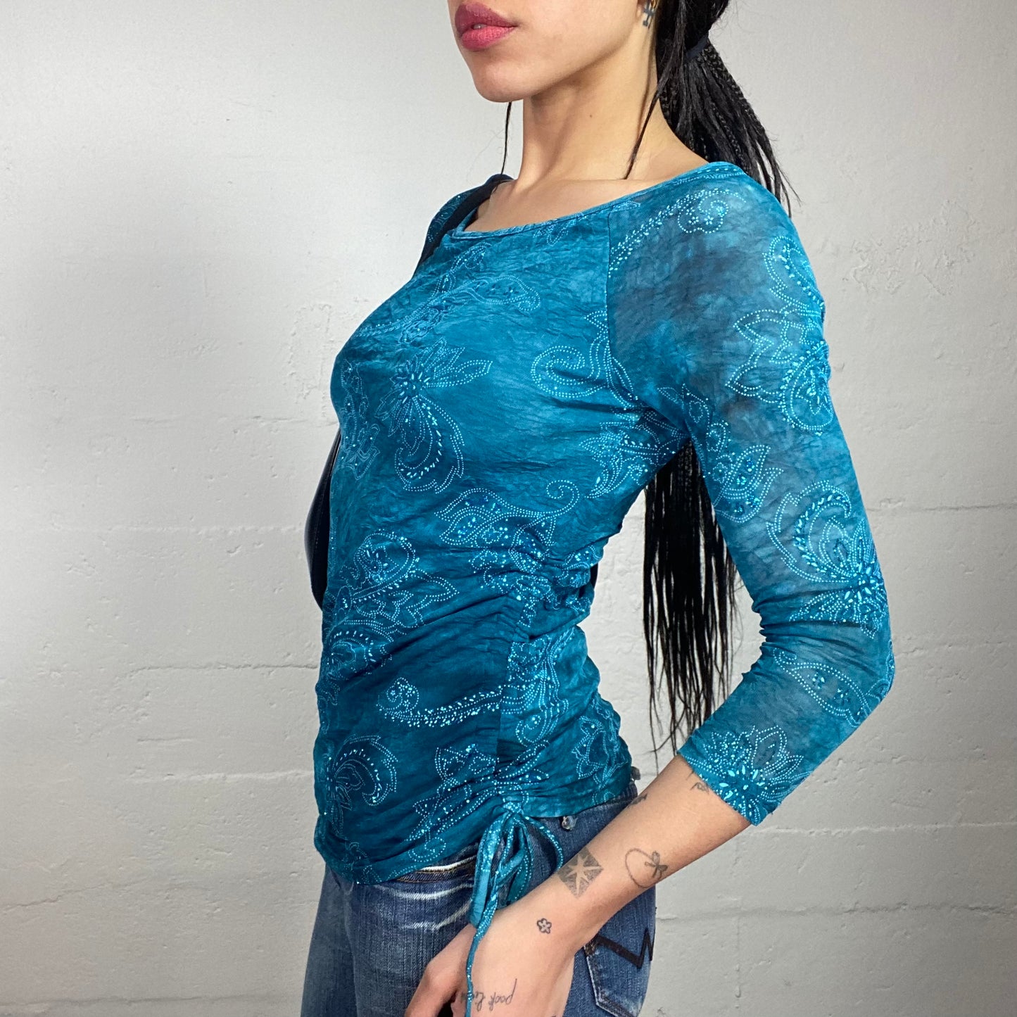 Vintage 2000's Funky Girl Blue Longsleeve Top with Paisley & Floral Print (S)