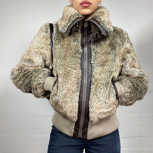 Vintage 2000's Downtown Girl Faux Fur Brown Bomber Jacket with Faux Leather Trims (M)