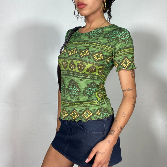 Vintage 90's Hippie Green Print Top with Colourful Mosaic Pattern (S/M)