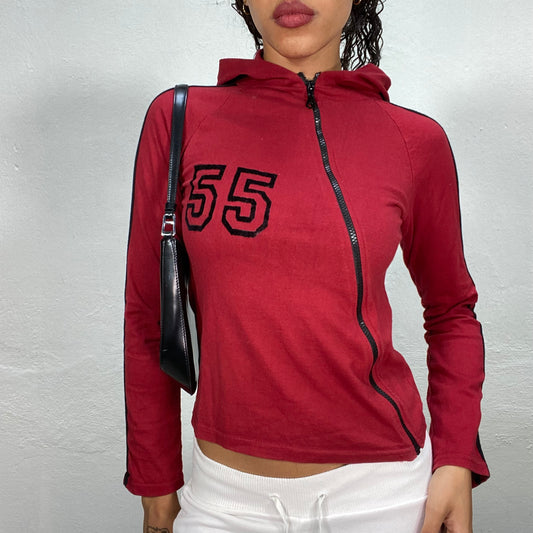 Vintage 2000's Sporty Red Diagonal Zip Up Sweater with Black "55" Print (S/M)