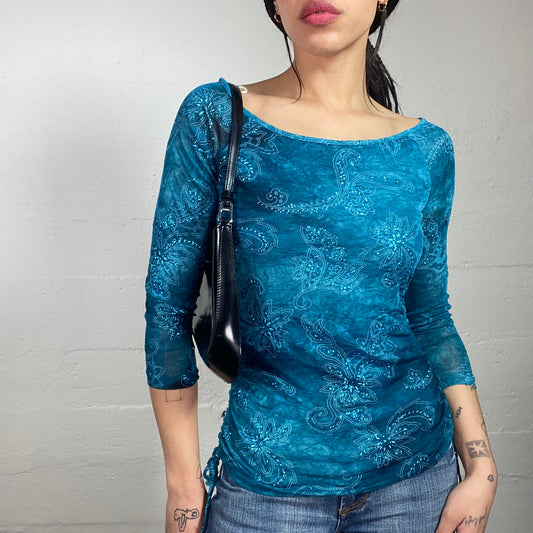 Vintage 2000's Funky Girl Blue Longsleeve Top with Paisley & Floral Print (S)