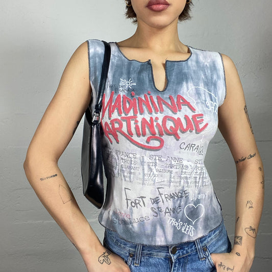 Vintage 2000's Downtown Girl Grey Top with Red Graffiti Print (S)