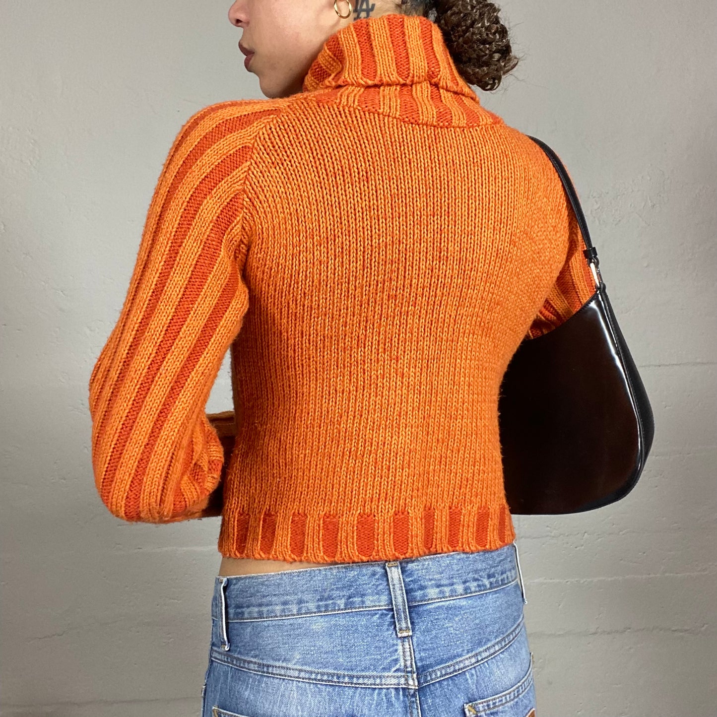 Vintage 2000's Downtown Girl Orange Turtleneck Sweater with Ribbed Knit Detail (S)