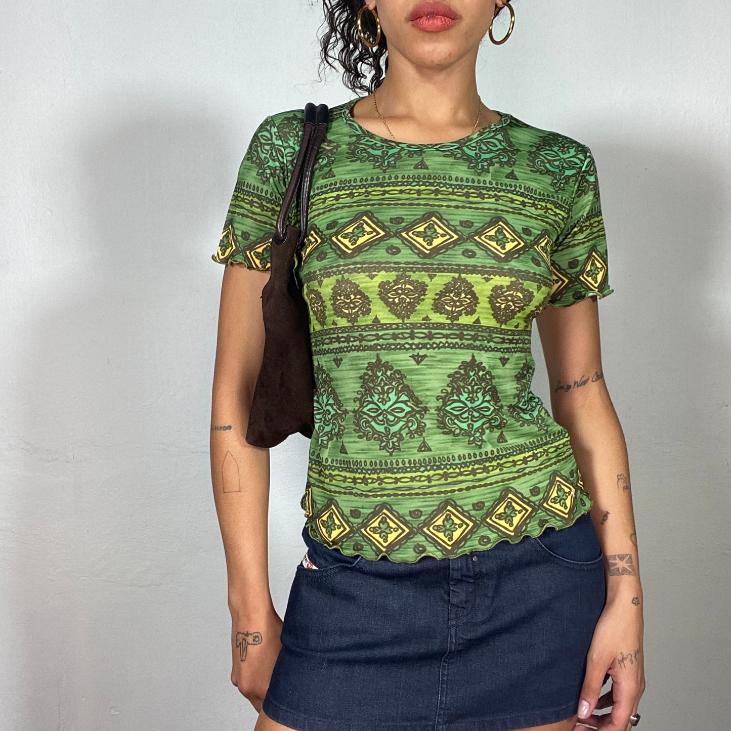 Vintage 90's Hippie Green Print Top with Colourful Mosaic Pattern (S/M)