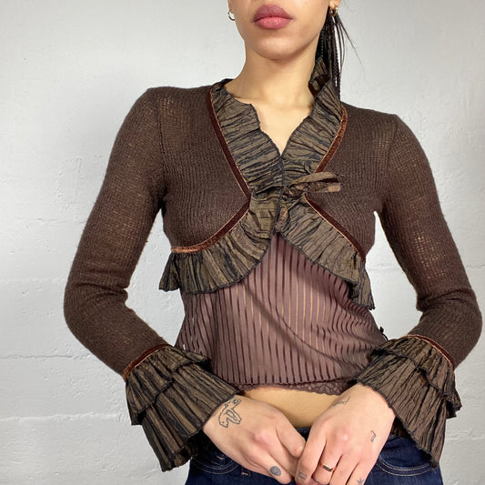 Vintage 90's Downtown Girl Brown Knitted Bolero with Frilled Blouse Detail (S)