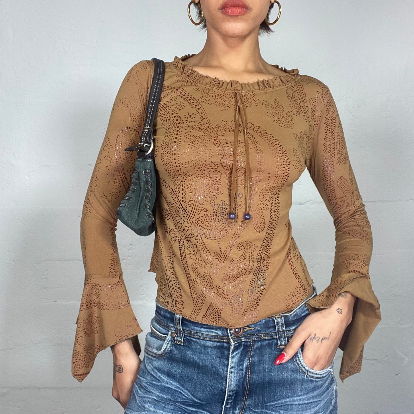 Vintage 90's Cow-Girl Brown Longsleeve Blouse with Pointillism Print (S)