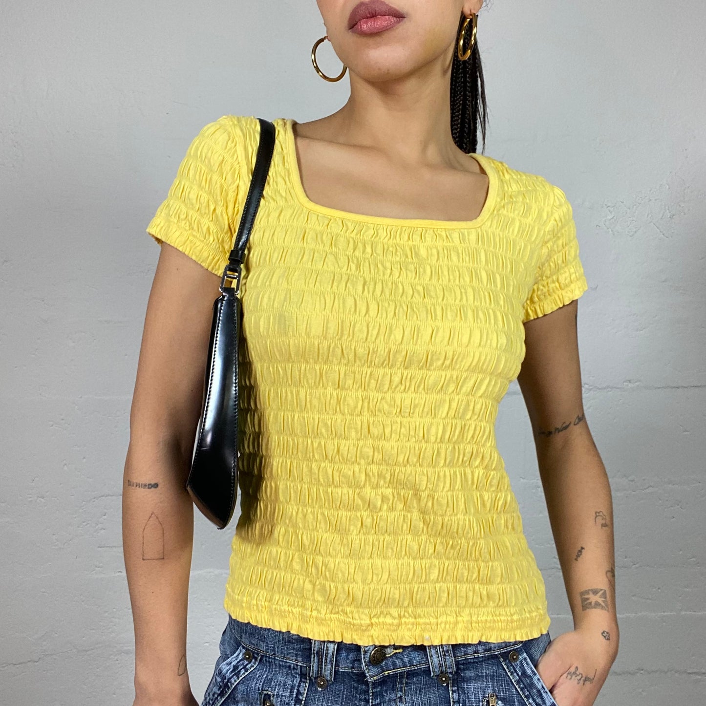 Vintage 90's Downtown Girl Yellow Top with Ruched Material (M)