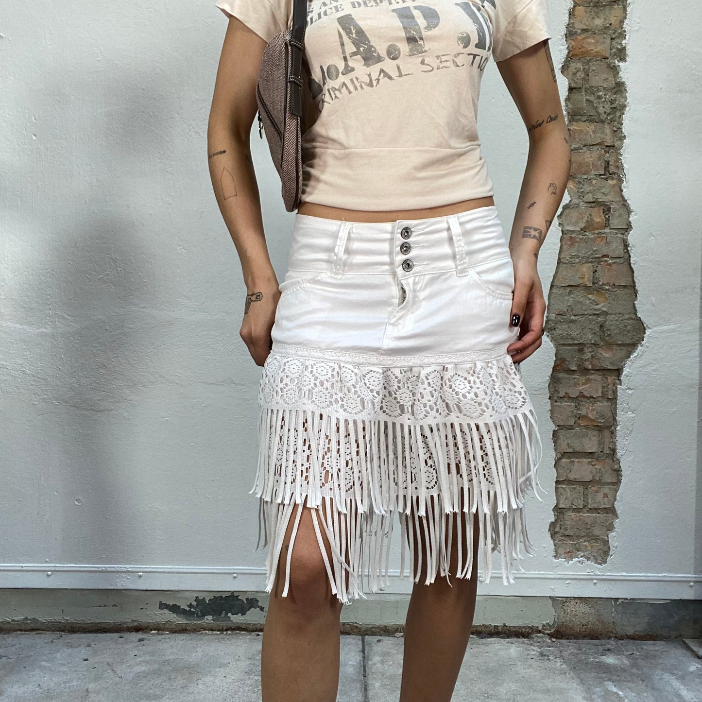 Vintage 2000's Boho White Denim Summer Skirt with Fringes and Lace Details (M)