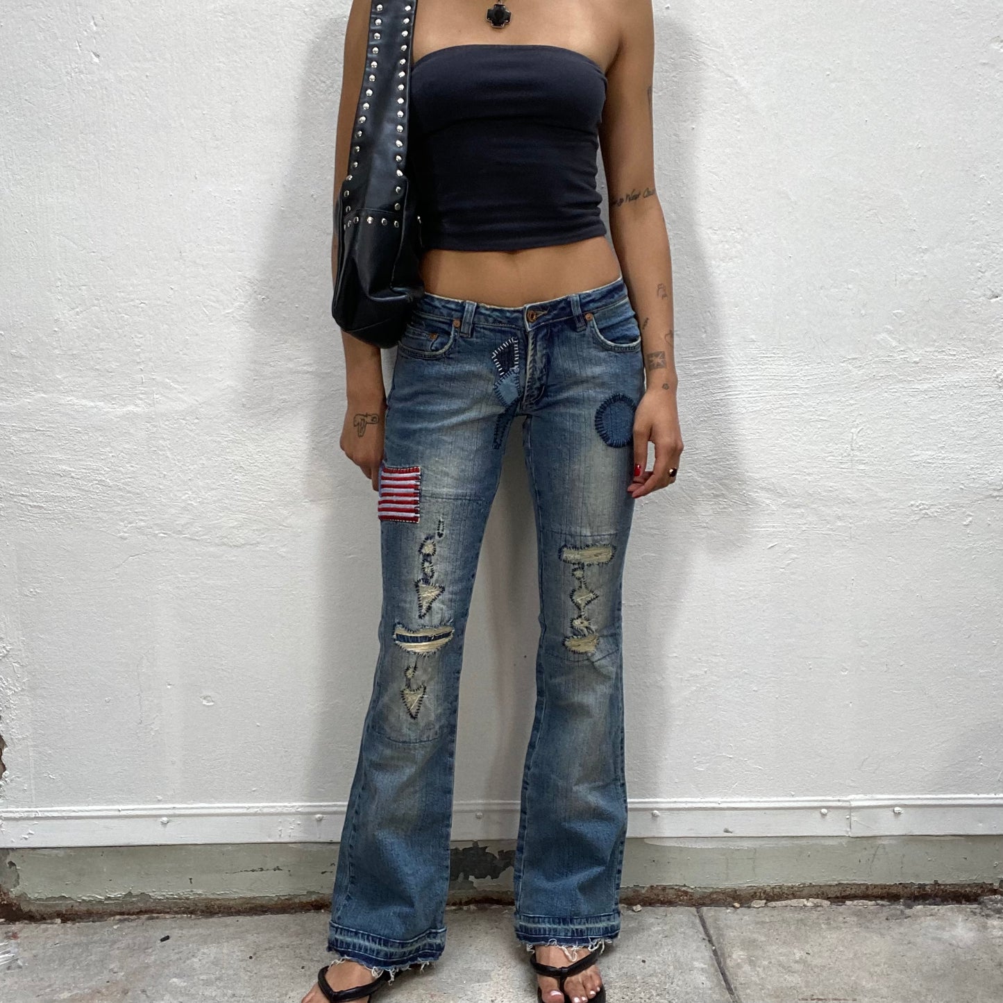 Vintage 2000's Funky Flared Jeans with Patches and Raw Bottom Hem (S)