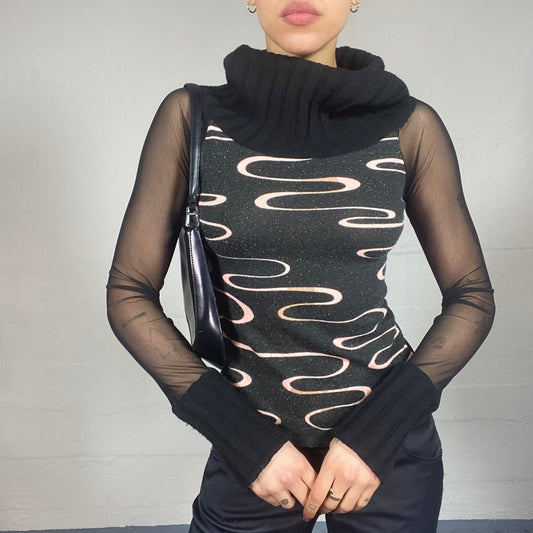 Vintage 90's Clubwear Black Mesh Longsleeve Top with Knitted Turtleneck with Glitter Wavy Print (S/M)