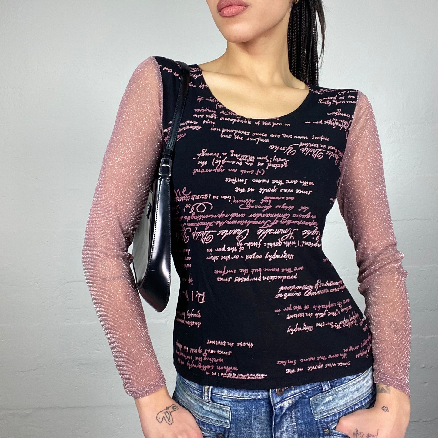 Vintage 2000's Downtown Girl Black Pink Glitter Longsleeve Top with Typography Print (S)