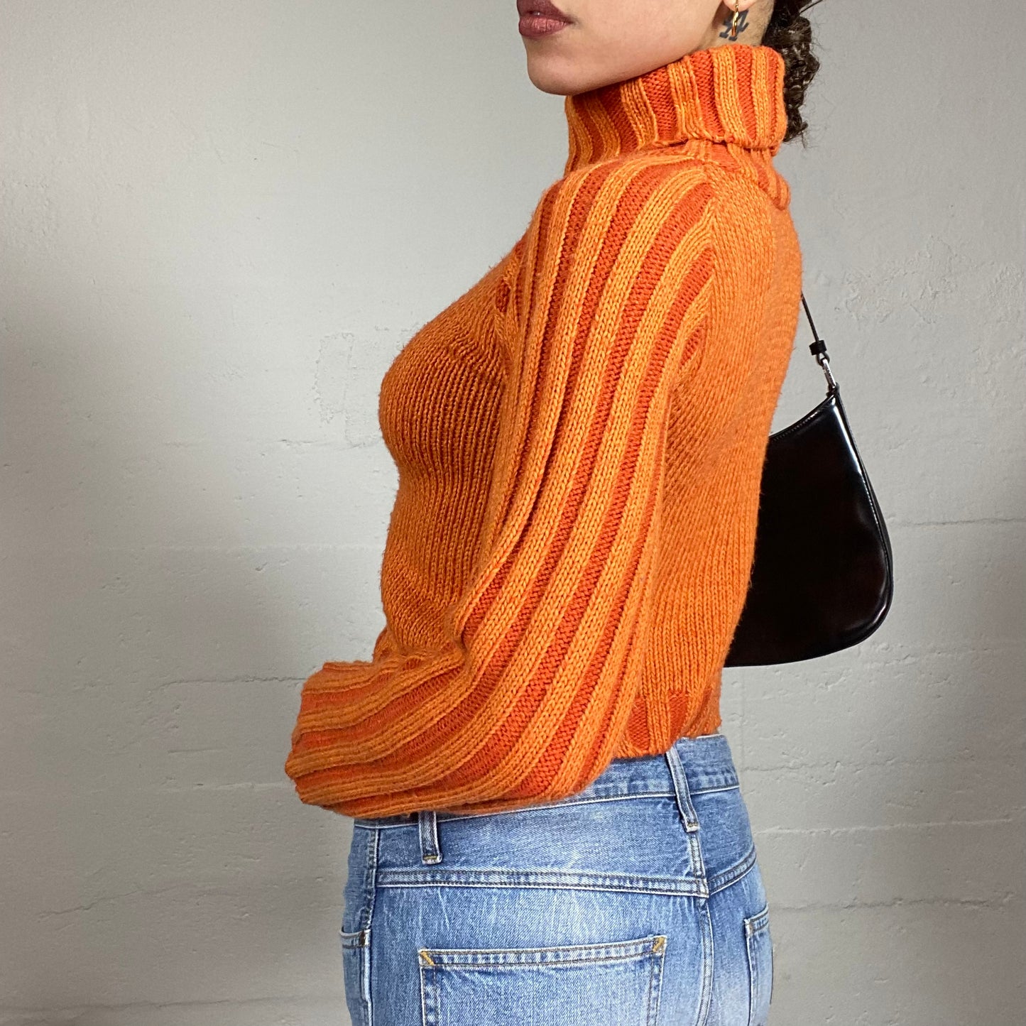 Vintage 2000's Downtown Girl Orange Turtleneck Sweater with Ribbed Knit Detail (S)
