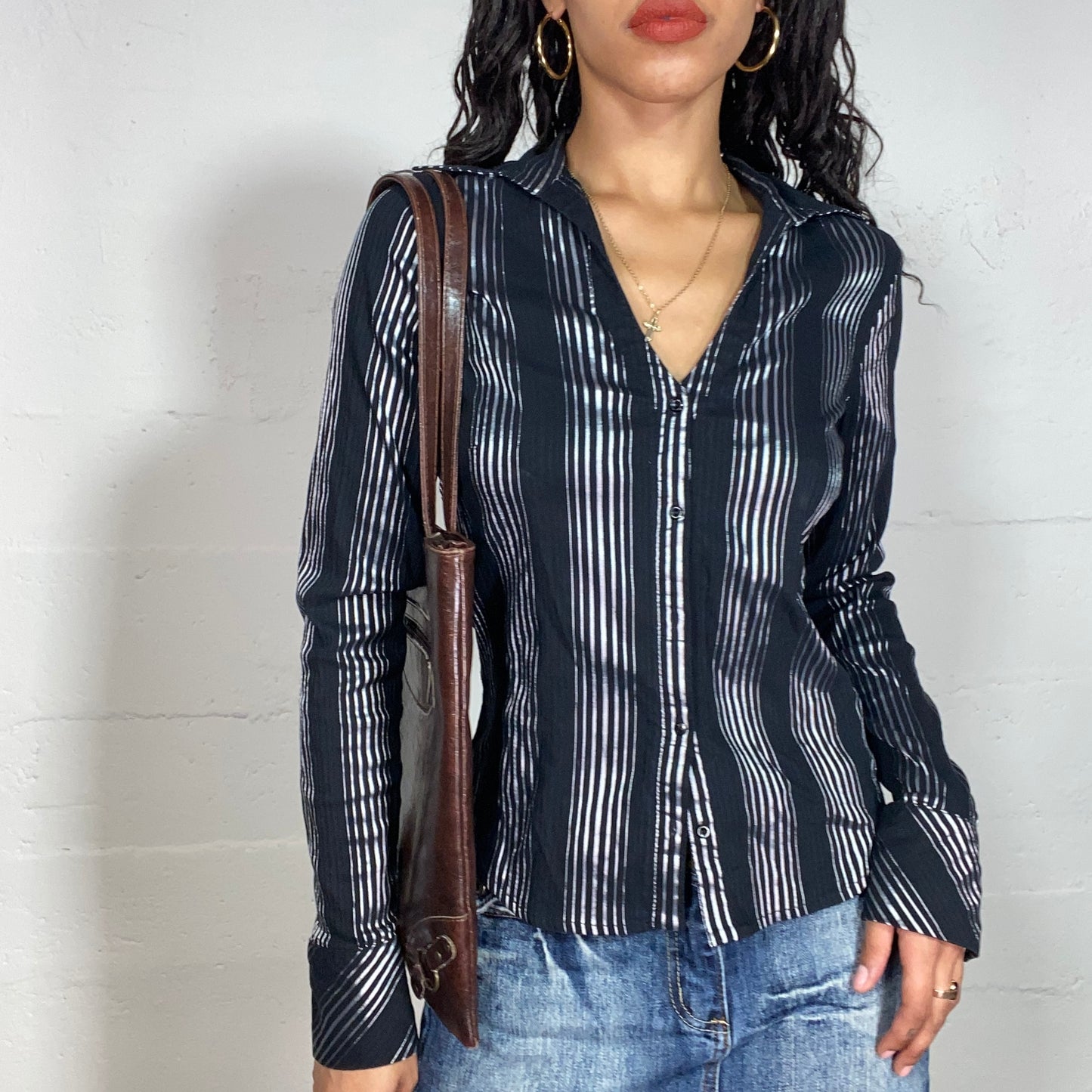 Vintage 2000's Office Girl Black Button Up Shirt with Grey Striped Print (S/M)