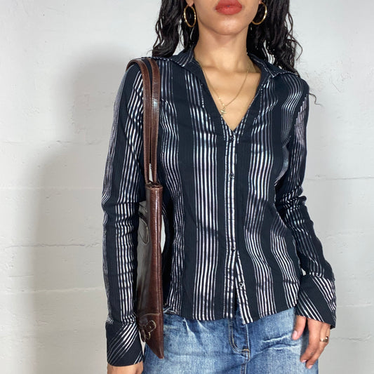 Vintage 2000's Office Girl Black Button Up Shirt with Grey Striped Print (S/M)