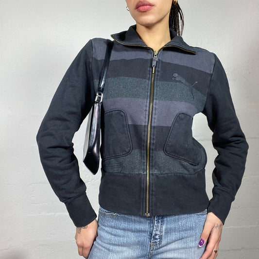 Vintage 90's Puma College Girl Black Zip Up Sweater with Blue Stripes Print (S/M)
