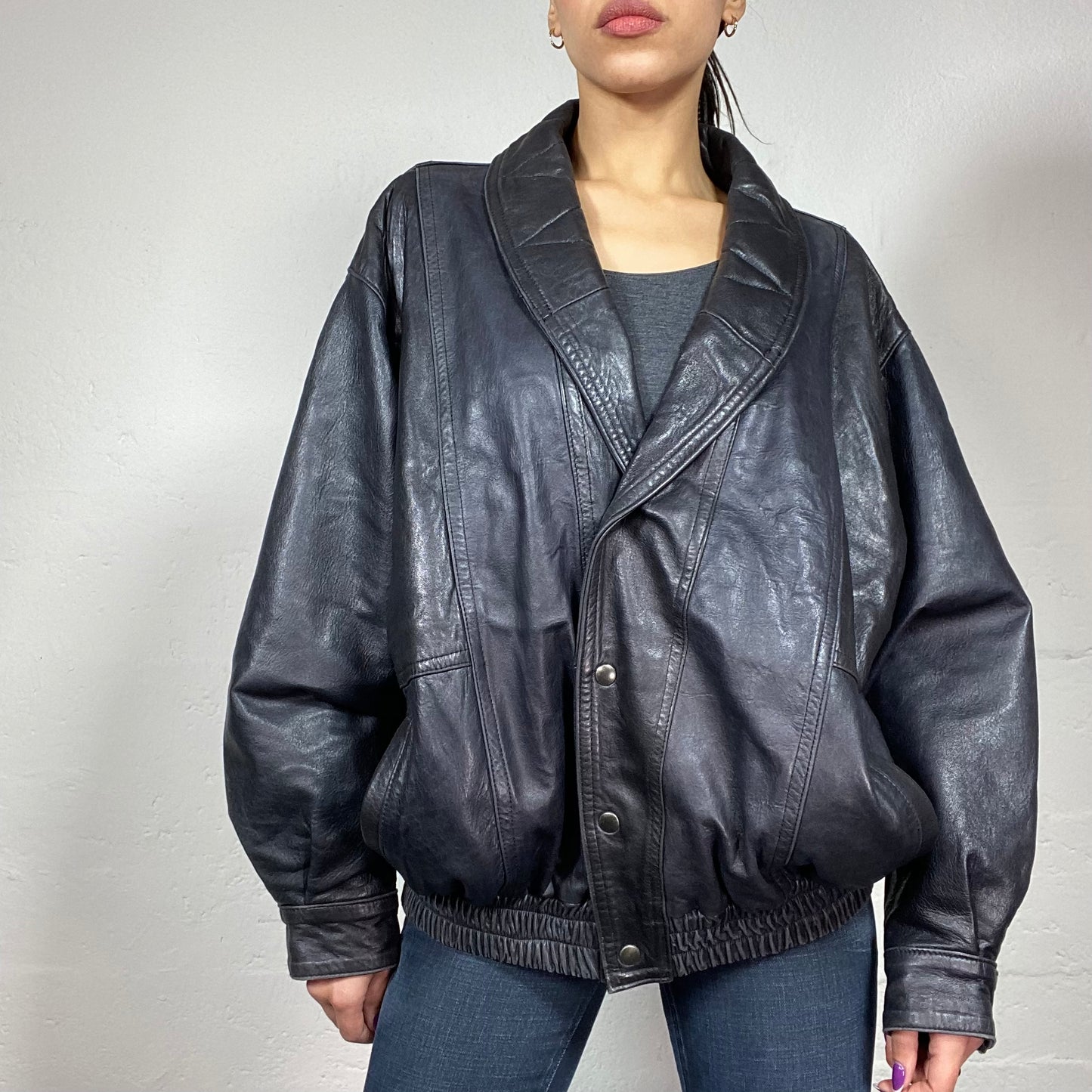 Vintage 2000's Grunge Black Leather Bomber Jacket (L)