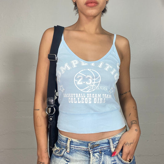 Vintage 2000's Sporty Baby Blue Top with White "Basketball College Girl" Print (S)