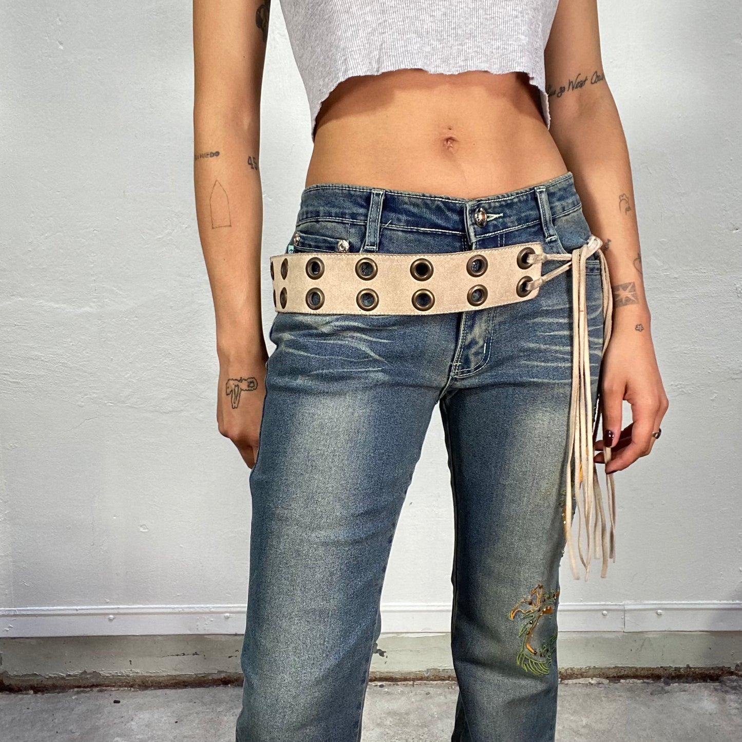 Vintage 2000's Western Beige Thick Leather Belt to Tie with Eyelet Details