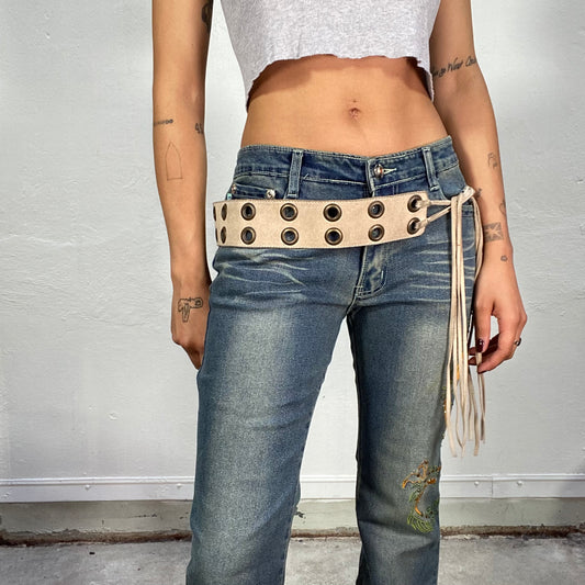 Vintage 2000's Western Beige Thick Leather Belt to Tie with Eyelet Details