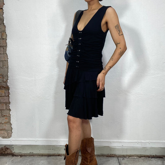 Vintage 2000's Morgan Punky Black Midi Dress with Layered Bottom and Lace Up Detail (S/M)