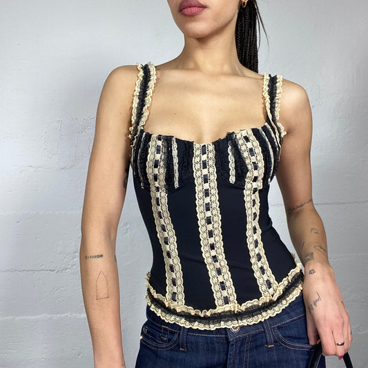 Vintage 90's Coquette Girl Black Corset Top with Off White Lace Lining Material Detail (S)