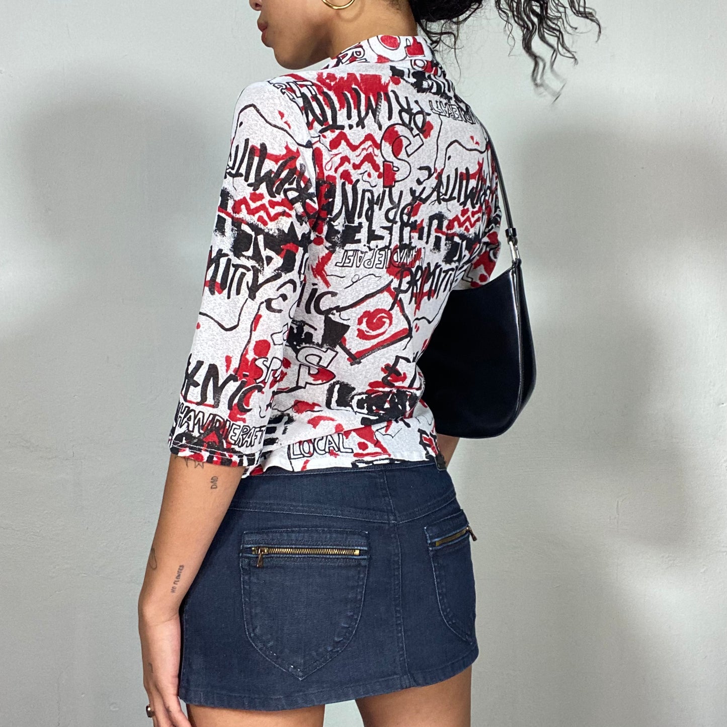 Vintage 2000's Downtown Girl  Button Up Shirt with Red and Black Typography Print (S/M)
