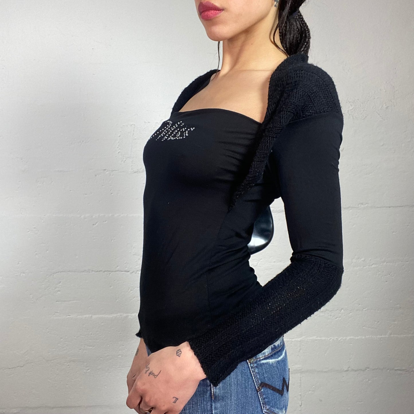 Vintage 2000's Guido Black Layered Longsleeve Top with 'Miss' Strass Print (S)