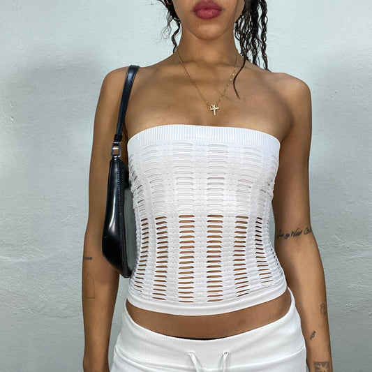 Vintage 2000's Cyber Girl White Tube Top with Cut Out Effect (XS/S)