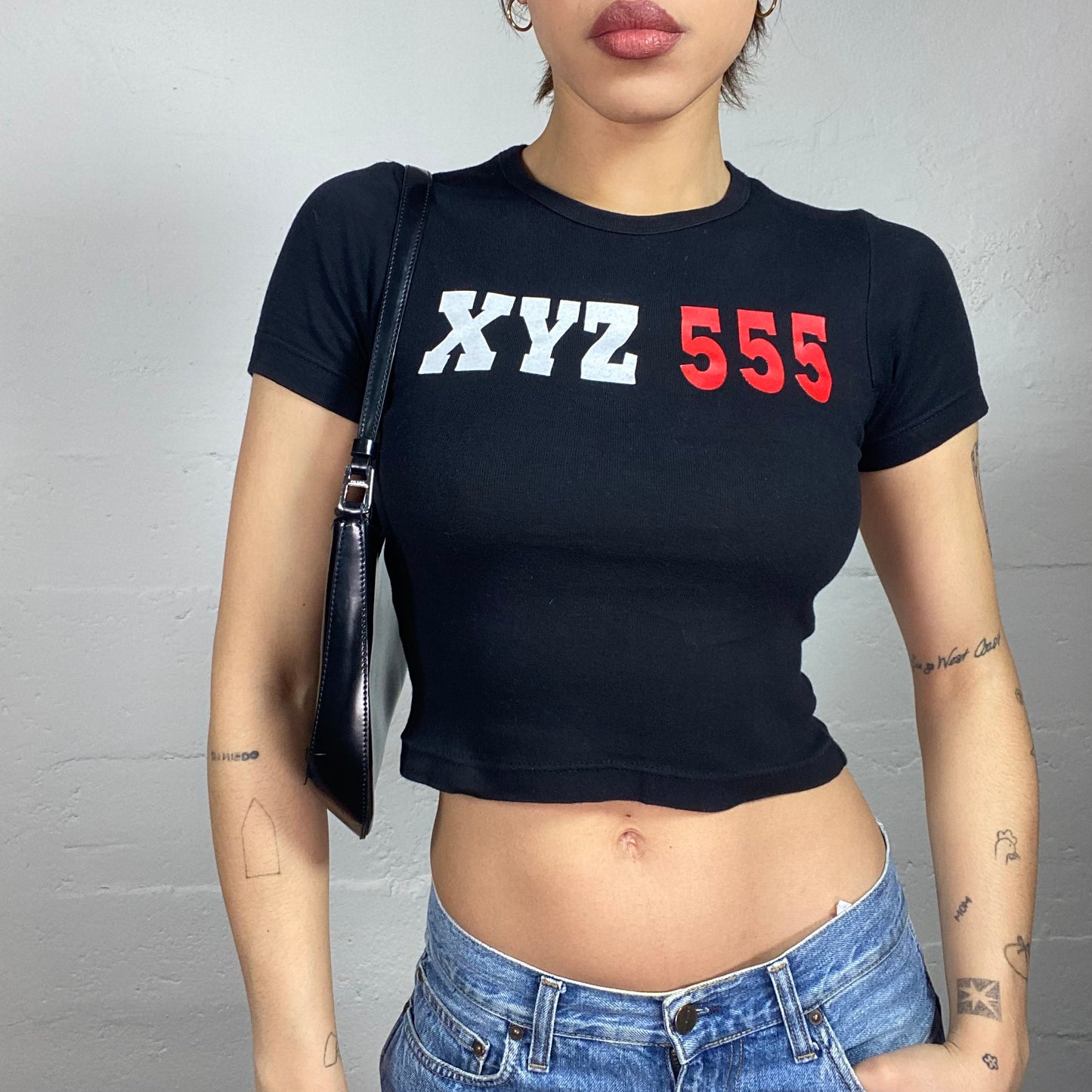 Vintage 2000's Grunge Black Crop Top with Red and White "XYZ 555" Print (S/M)