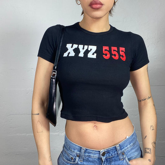 Vintage 2000's Grunge Black Crop Top with Red and White "XYZ 555" Print (S/M)