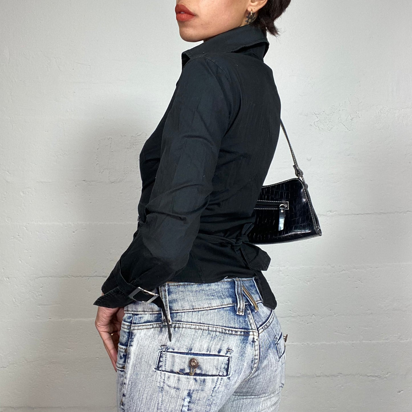 Vintage 2000's Model Off Duty Black Longsleeve Button Up Shirt with Crossed Silver Buckle Detail (S)