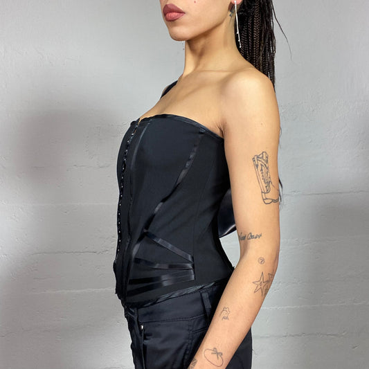 Vintage 2000's Whimsigoth Black Strapless Corset Top with Satin Lace Up Detail (XS)