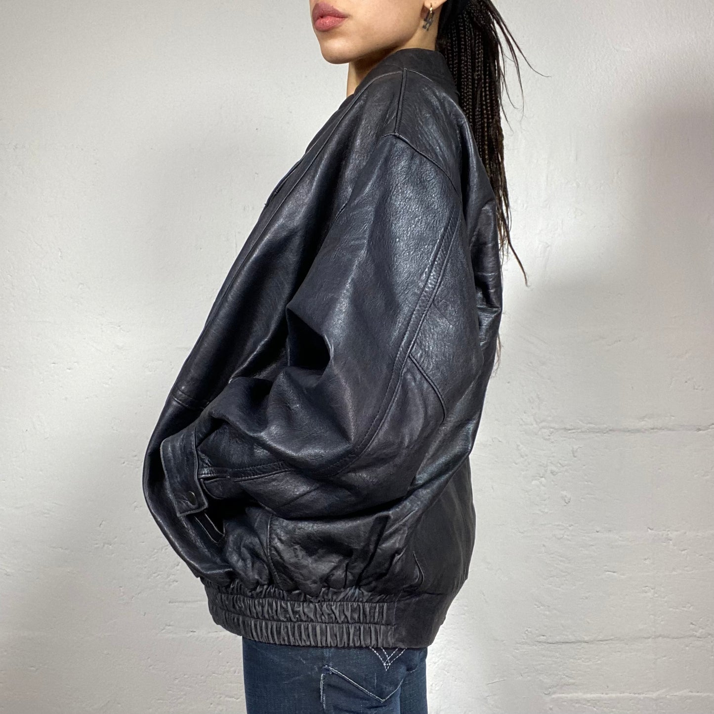 Vintage 2000's Grunge Black Leather Bomber Jacket (L)