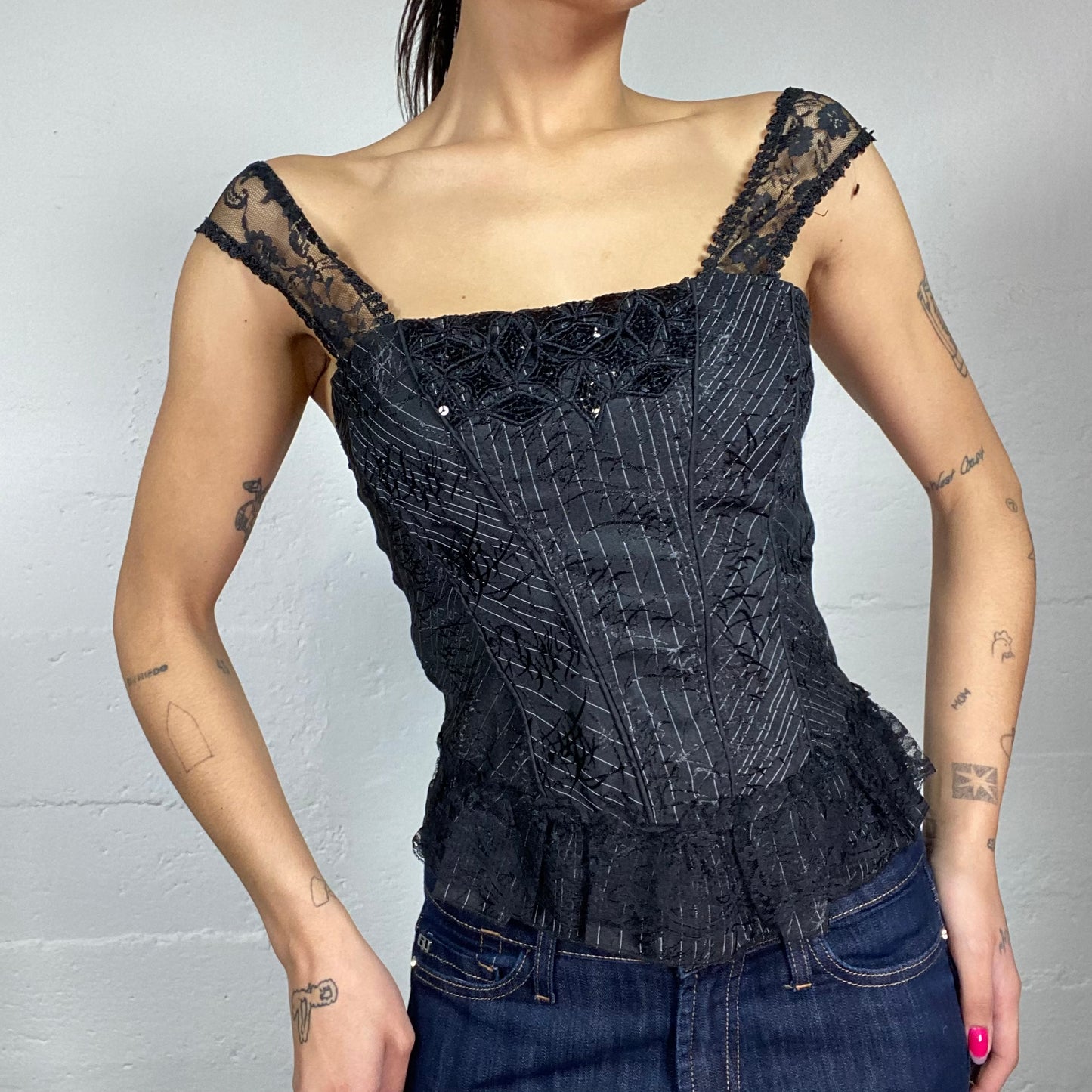 Vintage 90's Whimsgoth Girl Black Corset Top with Mixed Embroidery Material Detail (S)