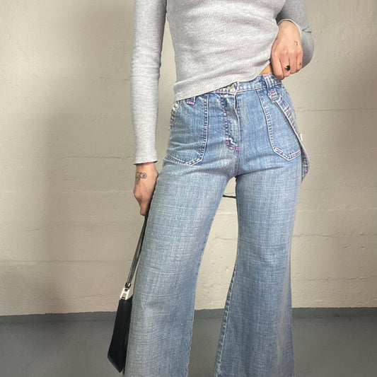 Vintage 2000s Classic Black Denim Flared Pants with Big Pockets Detail (M)