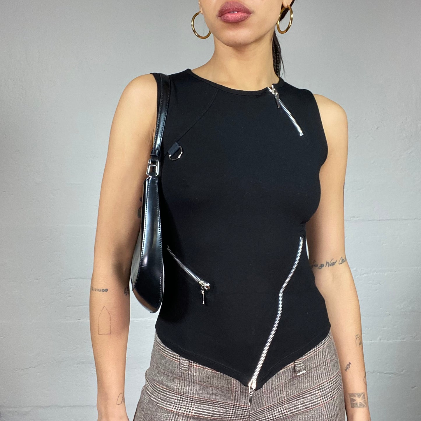 Vintage 2000's Rave Black Top with Silver Crossed Zips Detail (S)