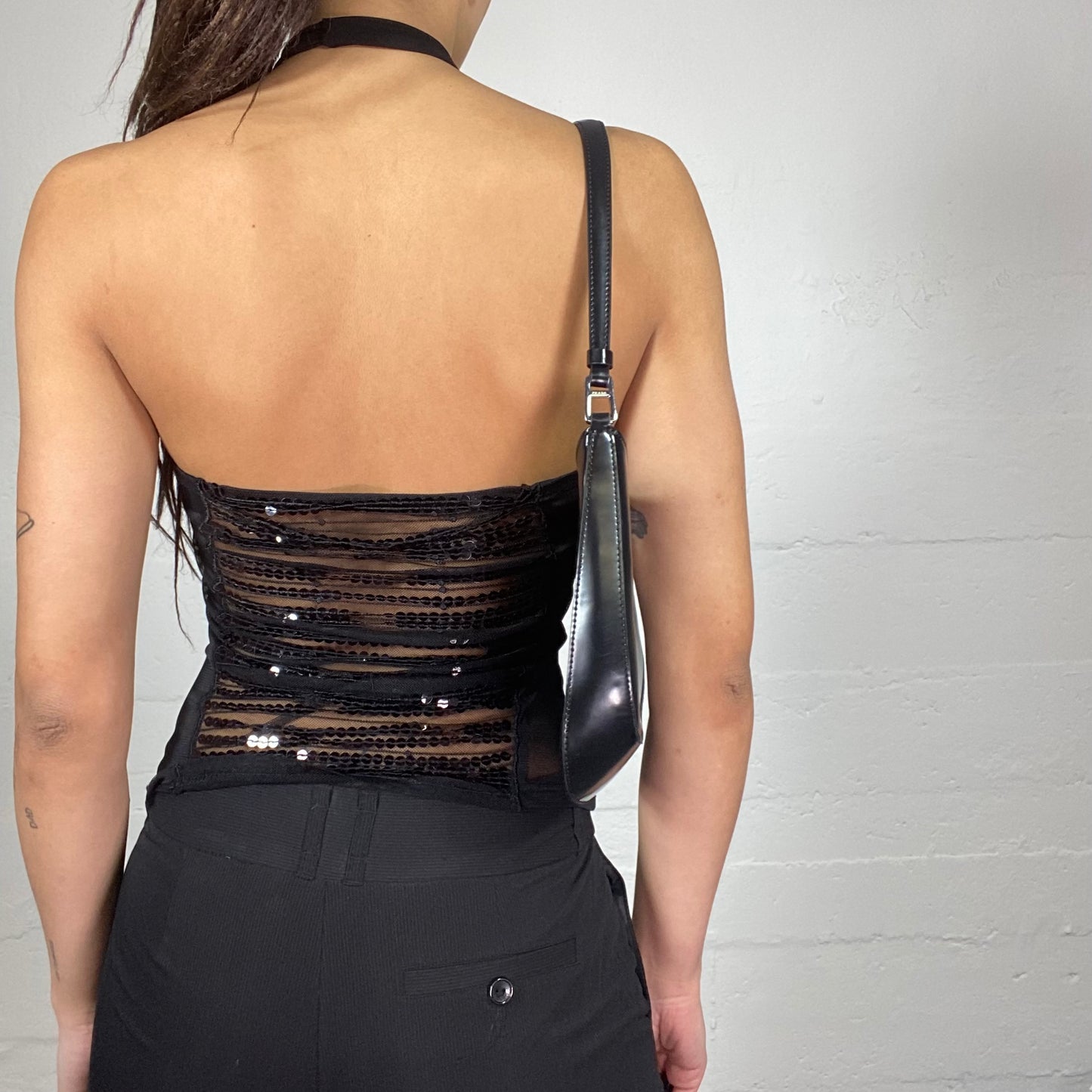 Vintage 2000's Clubwear Black Neckholder Top with Frilled Collar and Faux Leather Decorative Motives (S)