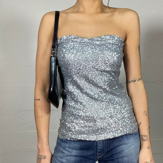 Vintage 2000's Clubwear Silver Off Shoulder Top with Sequins Material (S/M)