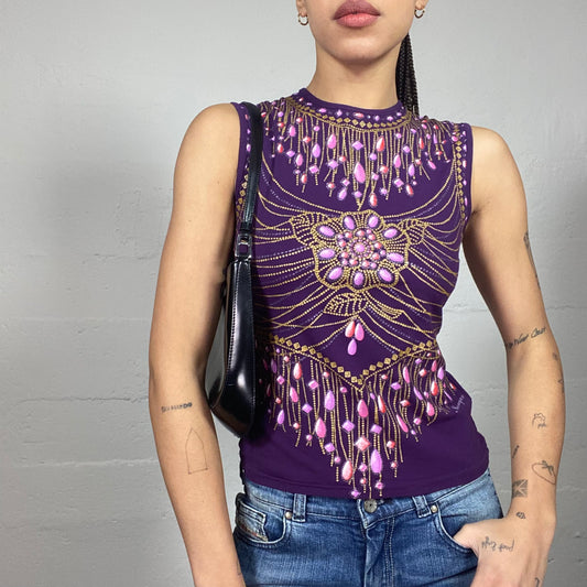 Vintage 90's Anime Purple Top with Pink Jewels and Gems Print (S)