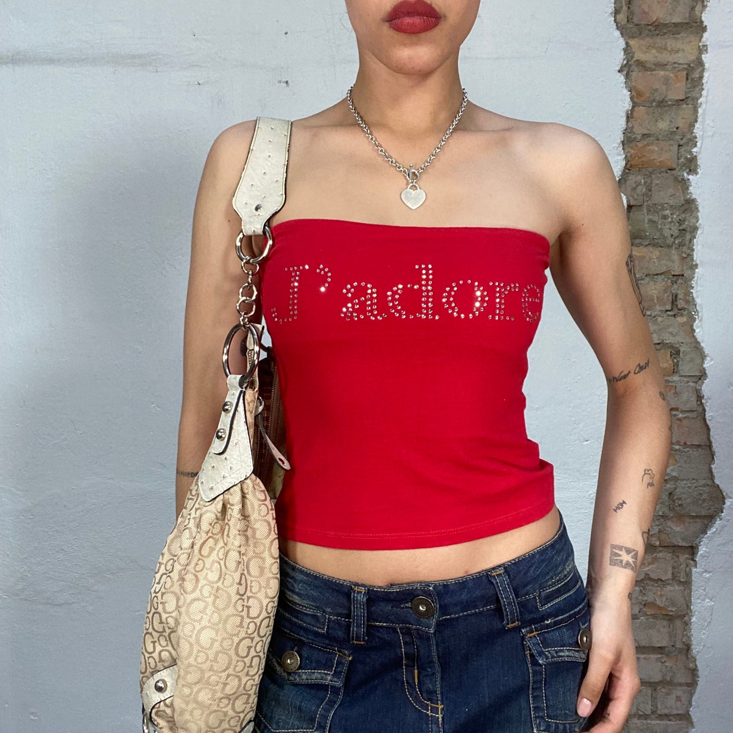 Vintage 2000's Downtown Girl Red Tube Top with 'J'adore' Rhinestone Print (S)