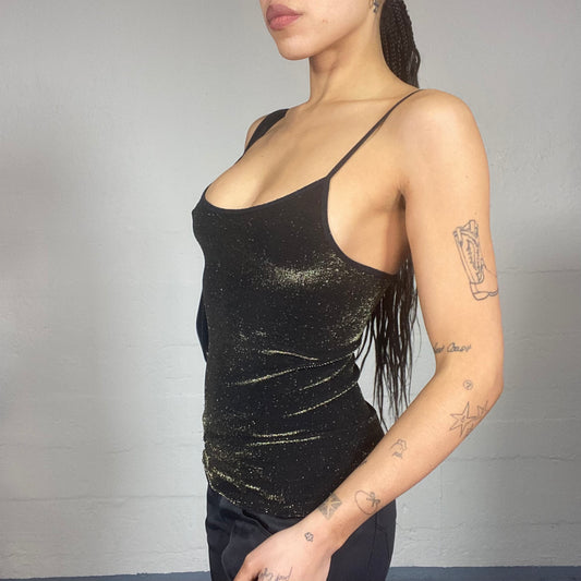 Vintage 90's Clubwear Black Top with Golden Glitter Covering Material (S/M)