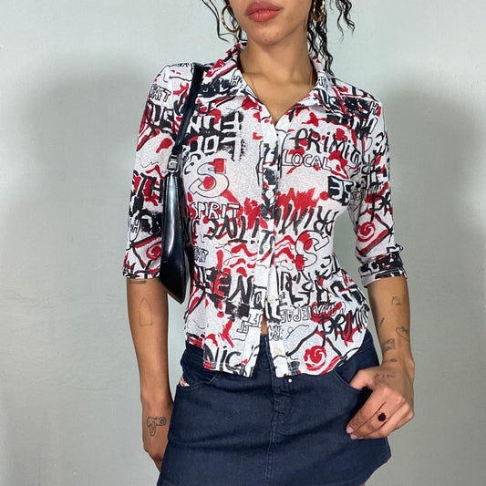 Vintage 2000's Downtown Girl Button Up Shirt with Red and Black Typography Print (S/M)