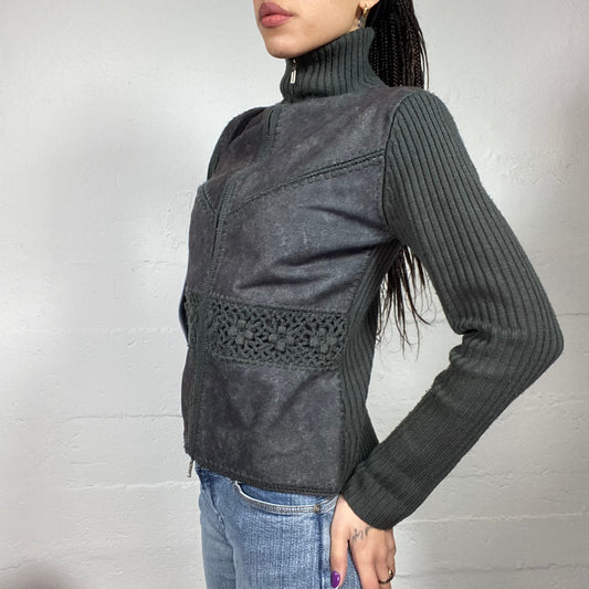 Vintage 90's College Girl Grey Zip Up Sweater with Crochet Bands Detail (S/M)