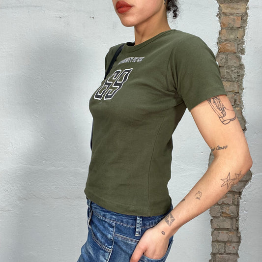 Vintage 2000's Funky Khaki Baby Tee with 'University of Sex 69' Print (S)