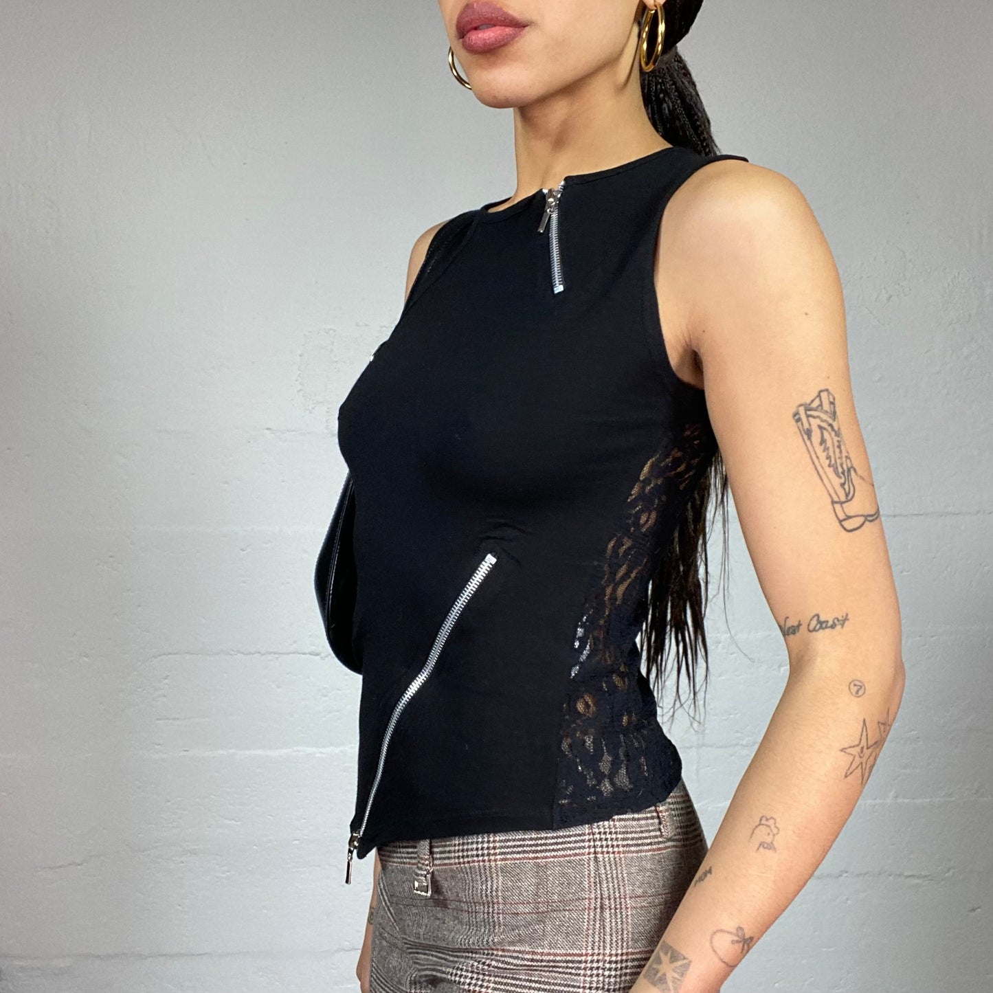 Vintage 2000's Rave Black Top with Silver Crossed Zips Detail (S)