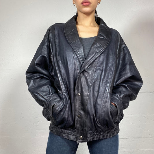 Vintage 2000's Grunge Black Leather Bomber Jacket (L)