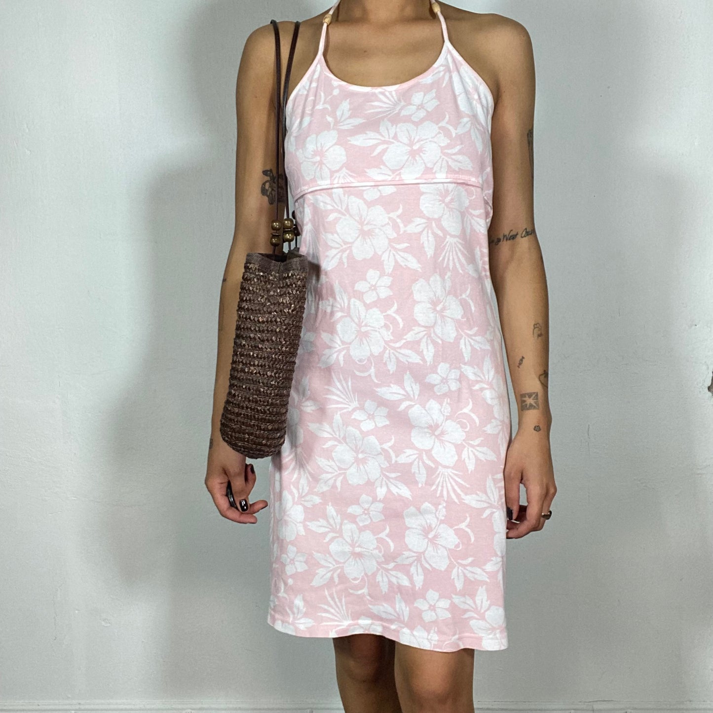 Vintage 2000's Surfer Baby Pink Hibiscus Print Halter Neck Dress (S/M)