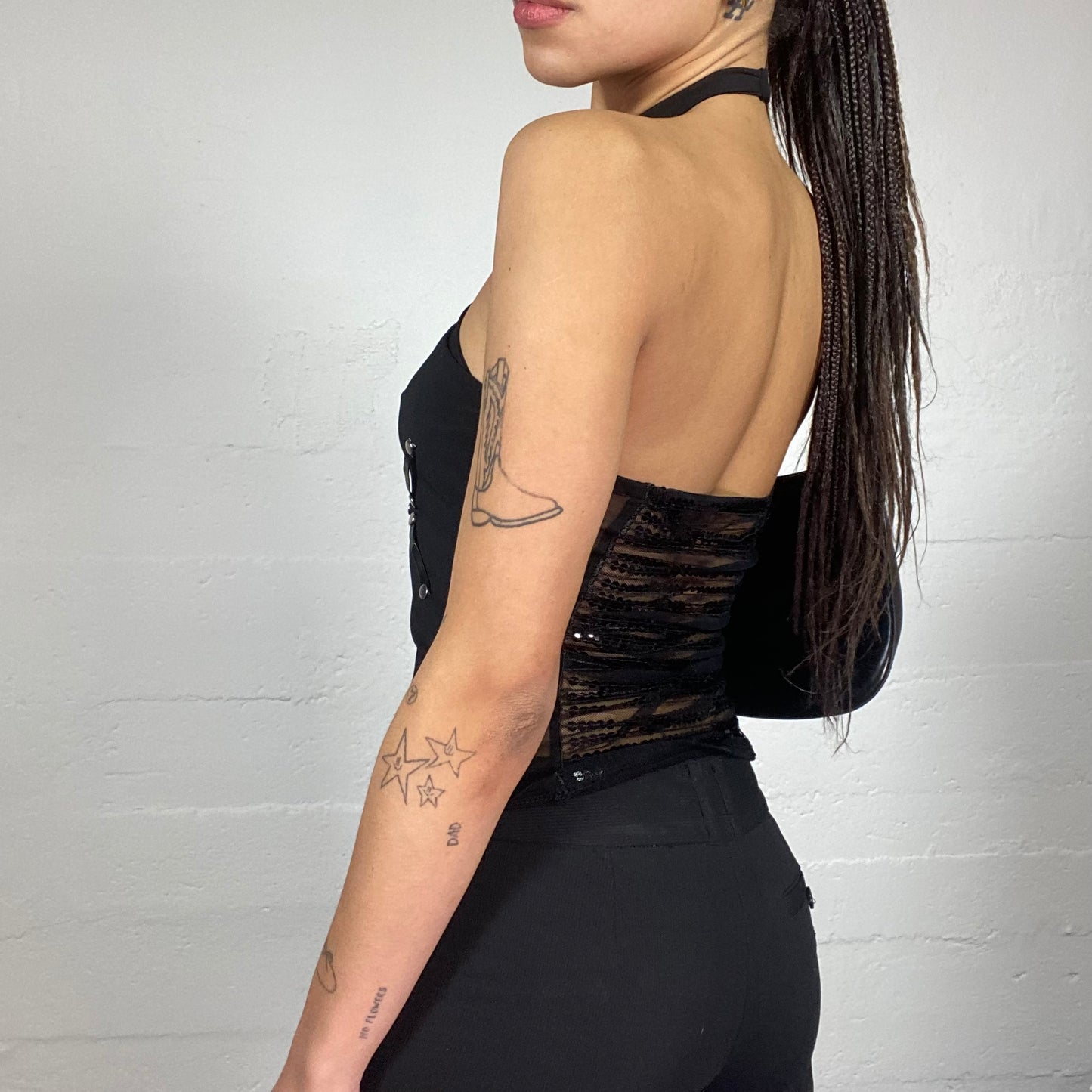 Vintage 2000's Clubwear Black Neckholder Top with Frilled Collar and Faux Leather Decorative Motives (S)