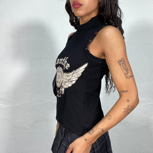 Vintage 90's Grunge Black Highneck Top with White Print and Studs Detail (S)