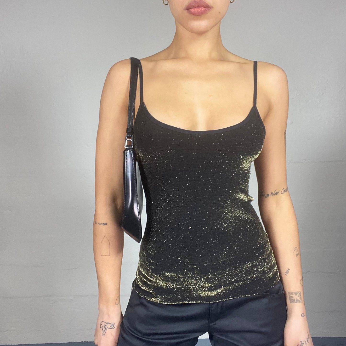 Vintage 90's Clubwear Black Top with Golden Glitter Covering Material (S/M)